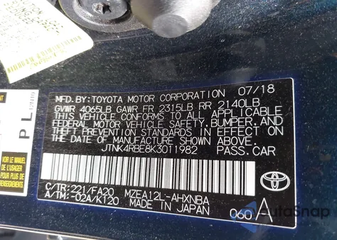 2019 Toyota Corolla Se из США, поврежденный, VIN JTNK4RBE8K3011982